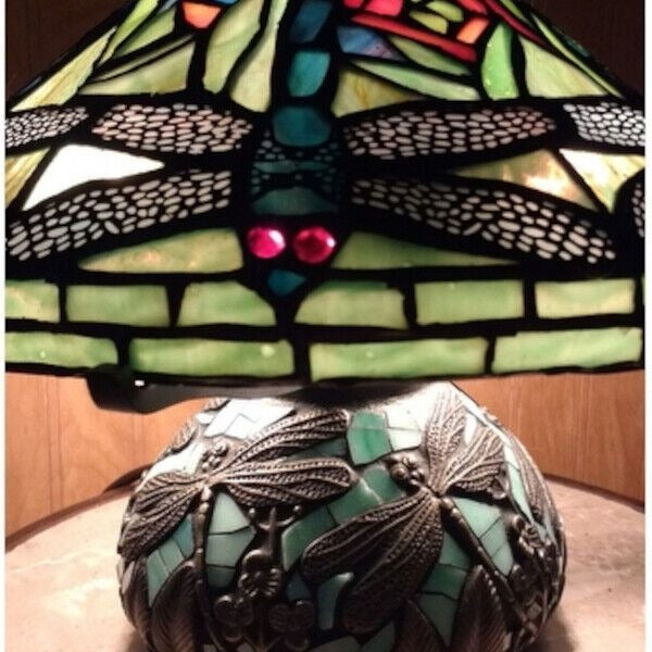 Dragonfly Tiffany Style Sea Green Stained Glass Table Lamp Mosaic Base 10.25in T