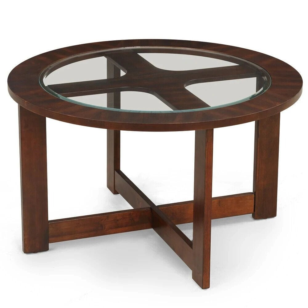 Contemporary Round Coffee Table Set with Glass Top and Upholstered Stools
