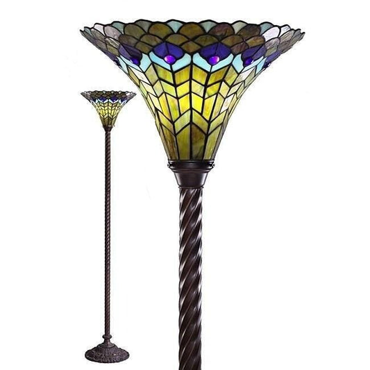 Tiffany Style Peacock Stained Glass Traditional Torchiere Floor Lamp