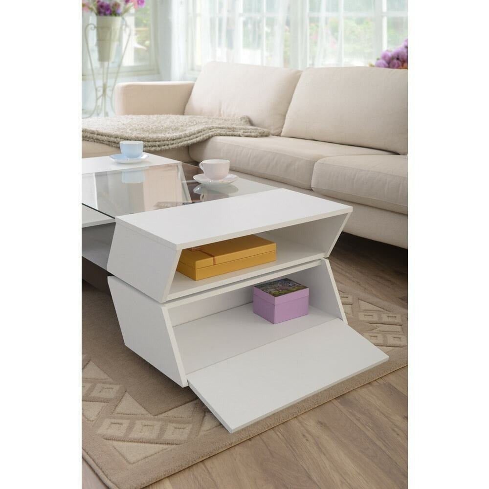 Modern Multi-Storage Coffee Table w/ Tempered Glass Top Open Center - White