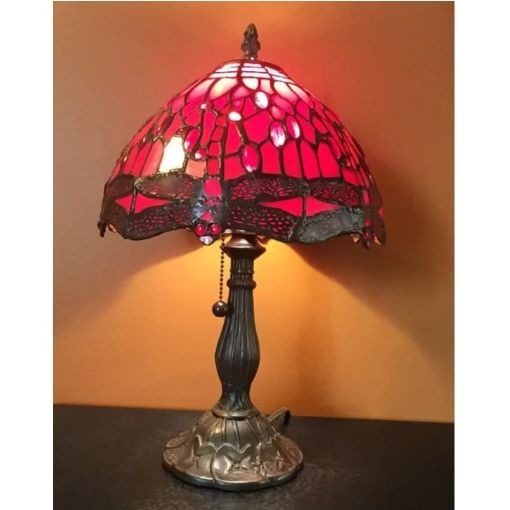 Tiffany Style Dragonfly Table Lamp Red Stained Glass & Bronze Fin Base 16in