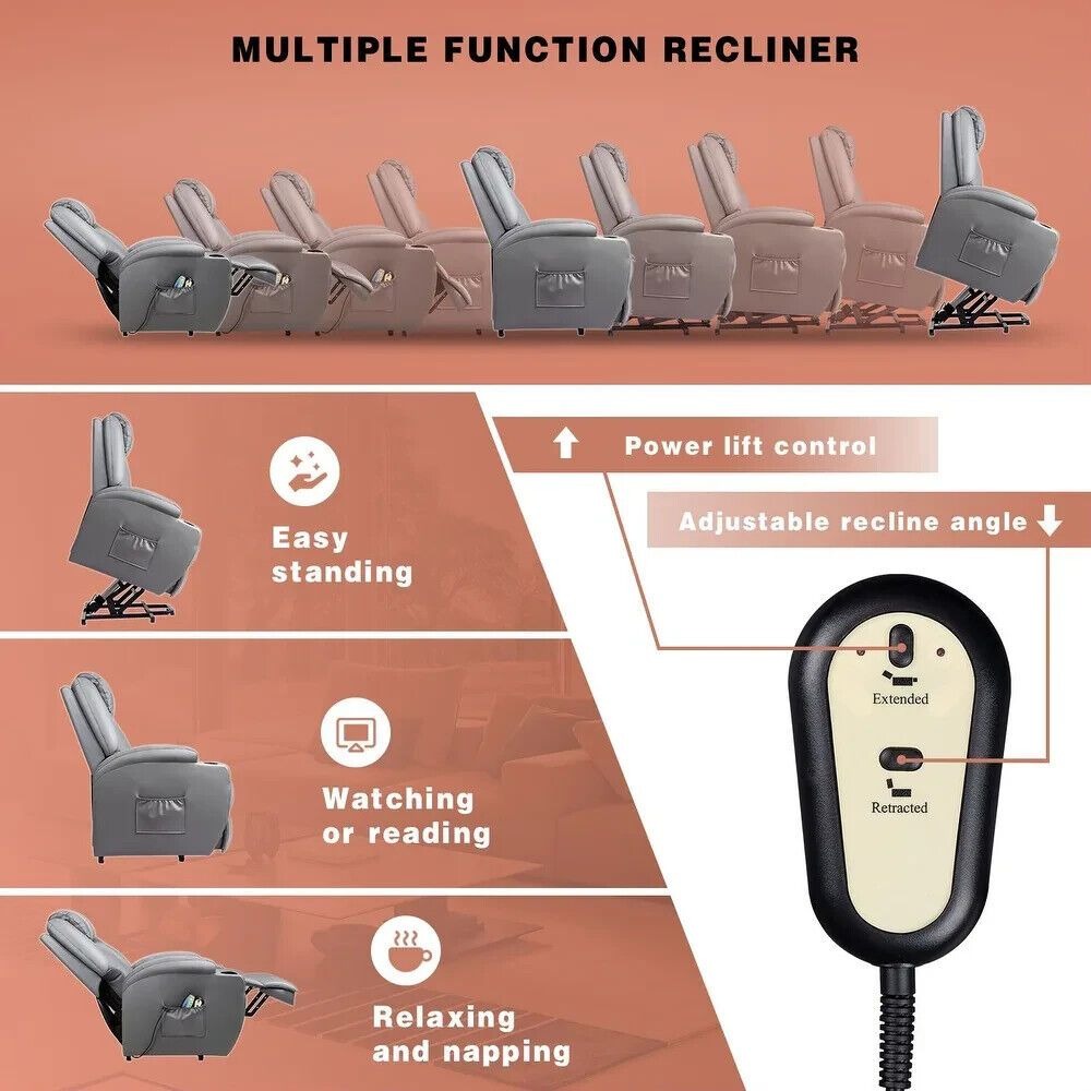 Power Lift Recliner Chair for Elderly with Heat / Massage and Cup Holder - Grey