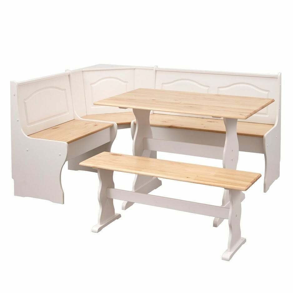 Country Style White And Natural Finish Wood Corner Nook Dining Table Bench Set