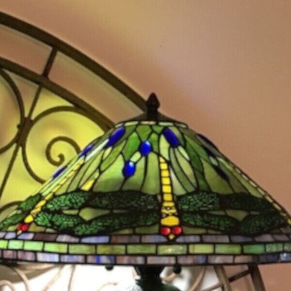 Tiffany Style Green and Yellow Stained Glass Dragonfly Table Accent Reading Lamp