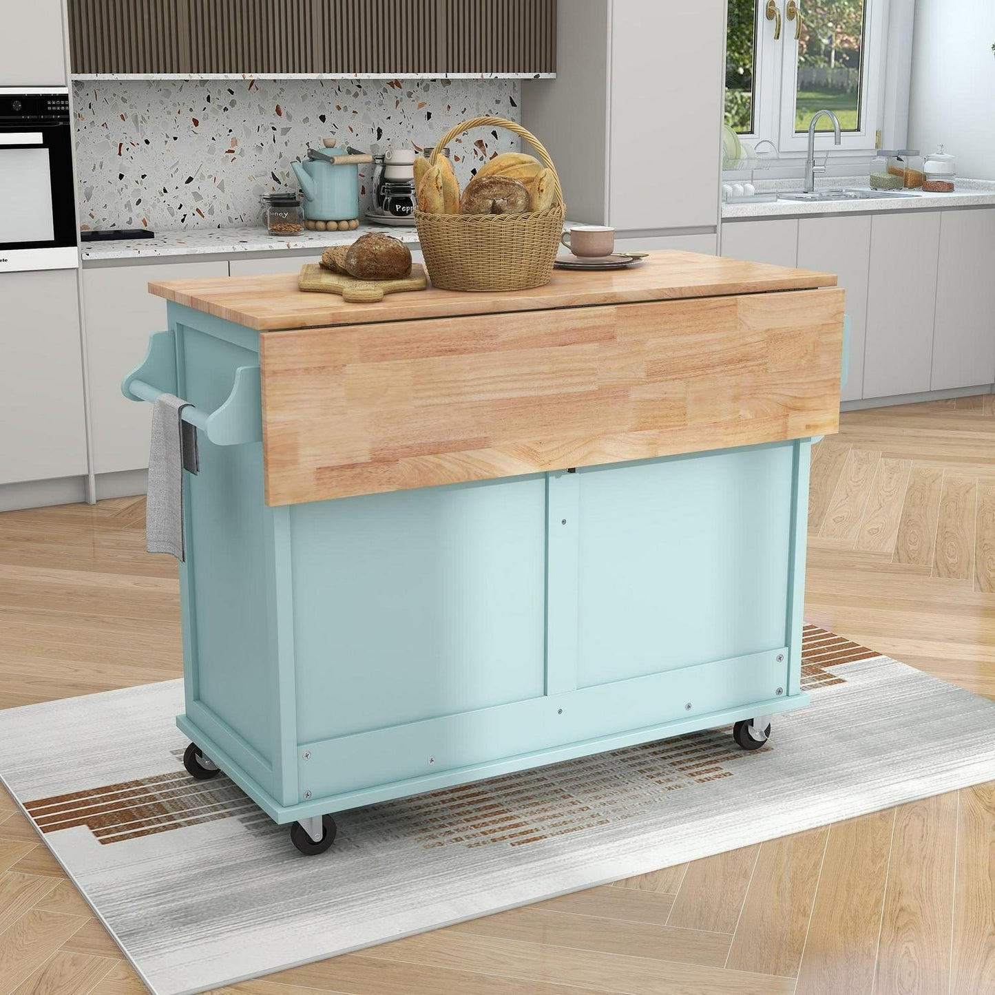 Stylish Drop Leaf Rolling Kitchen Island with Storage - in Mint Green Finish