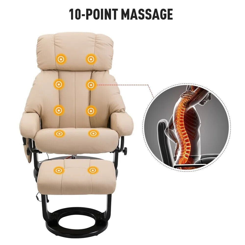 Beige Recliner Chair with Ottoman Footrest and Vibration Massage