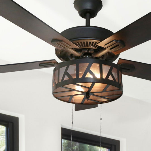 52in 5-Blade Woodgrain Caged Rustic Caged LED Ceiling Fan -Pull Chain