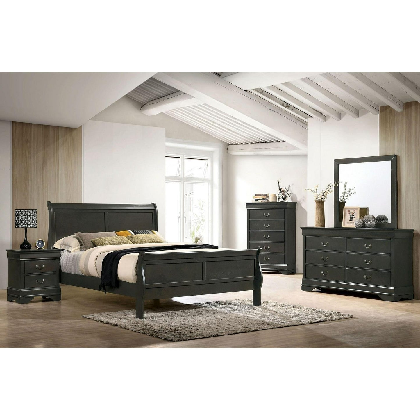 FULL Size Bed Traditional Sleigh Panel Bed Hardwood in Dark Grey Finish