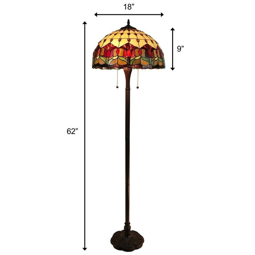 Floral Theme Stained Glass Tiffany Style Floor Lamp 2-Light Pull Chain 62in