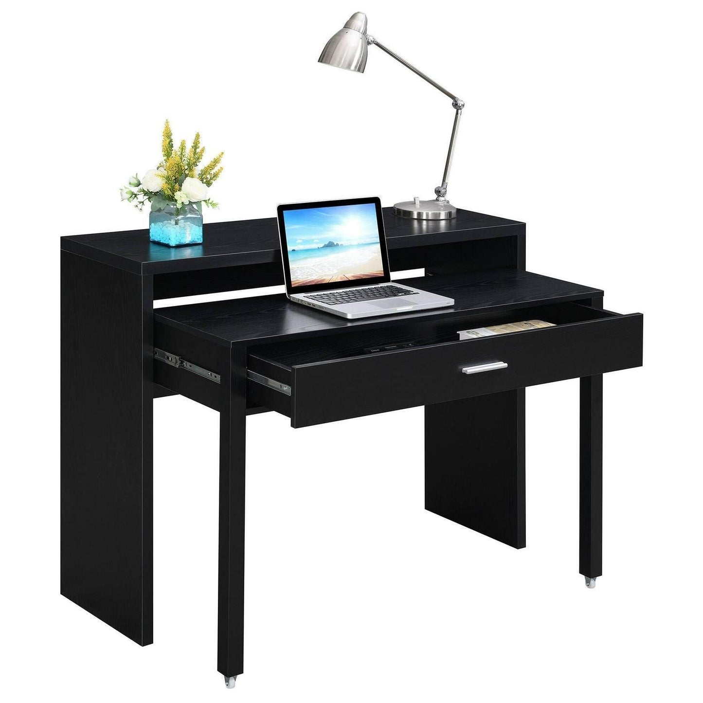 Black Finish Expandable Sliding Desk With Console and Drawer Computer Desk