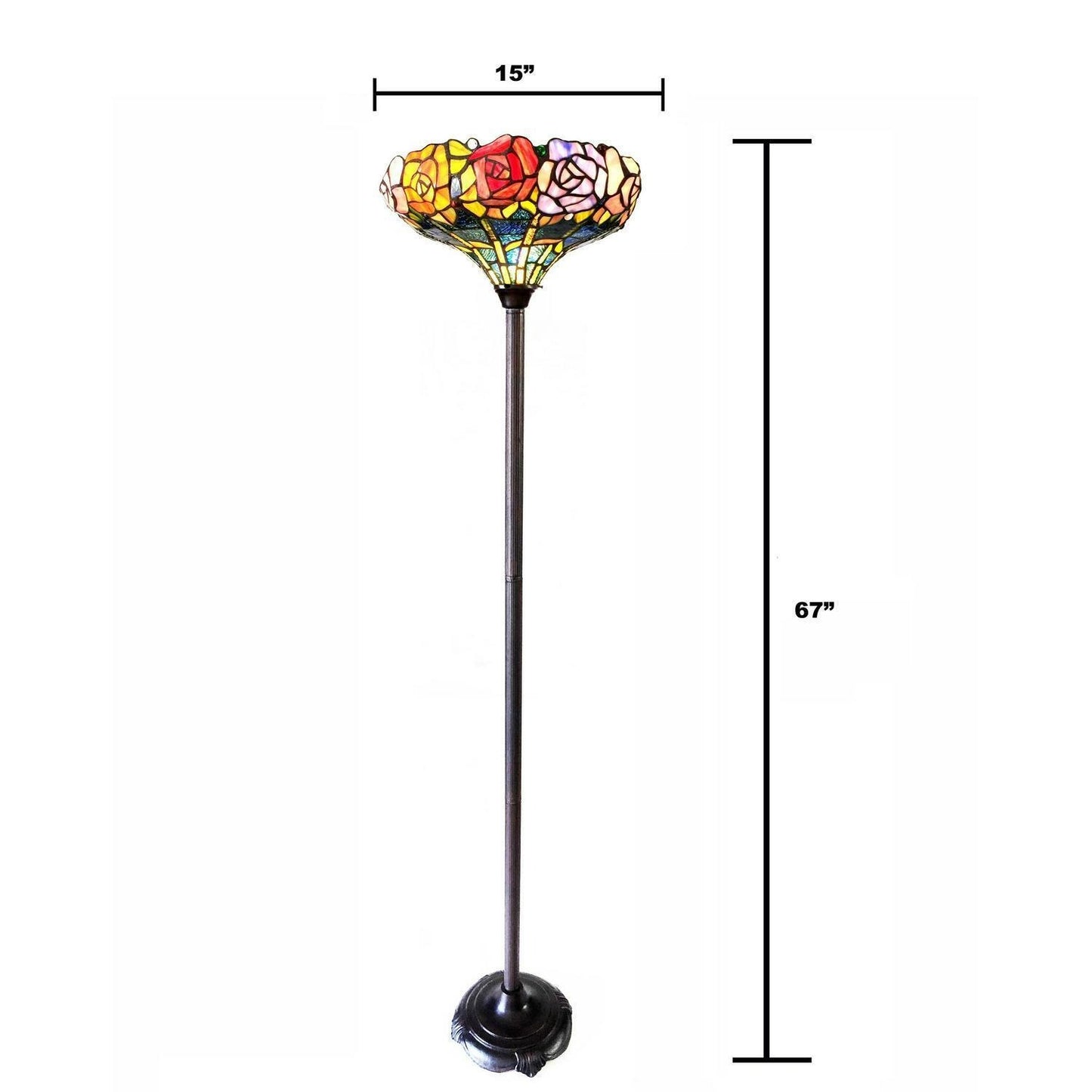 Rose Floral Theme Tiffany Style Stained Glass Traditional Torchiere Floor Lamp