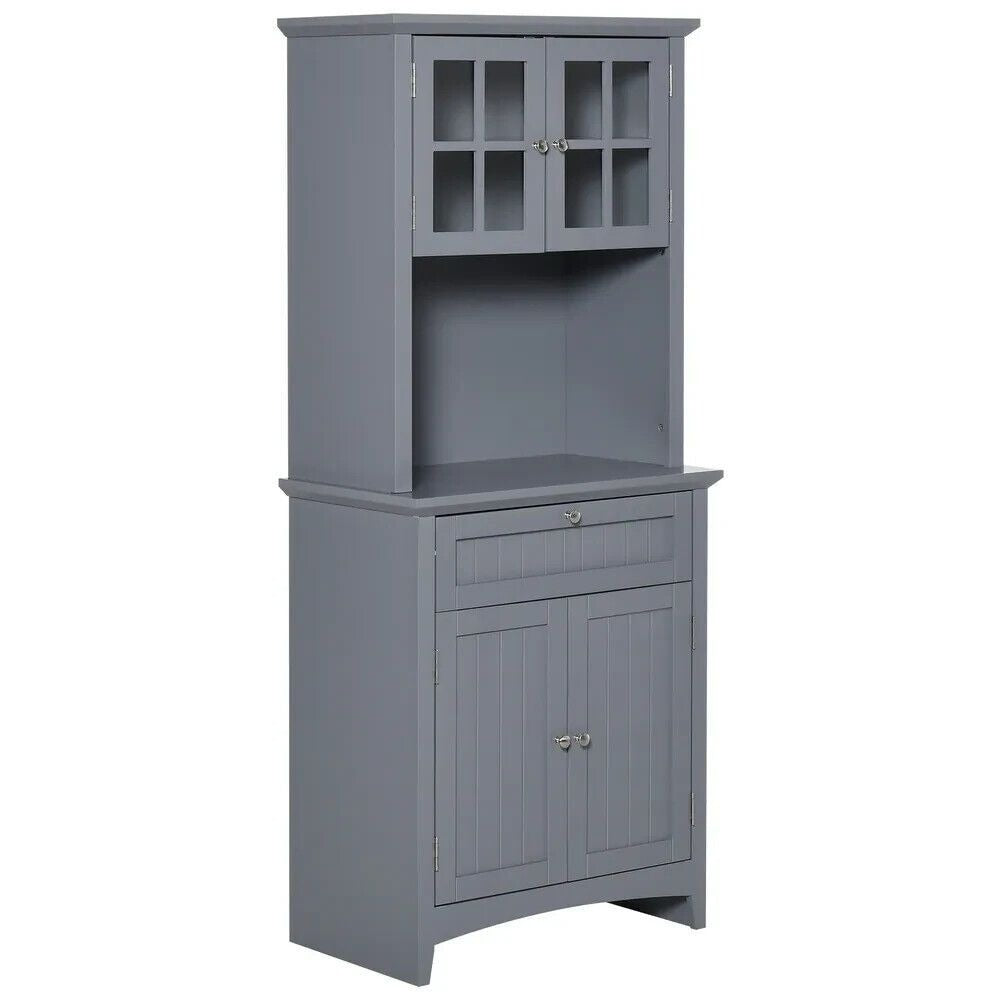 Gray Kitchen Buffet Storage Cupboard with Framed Glass Door and Microwave Space