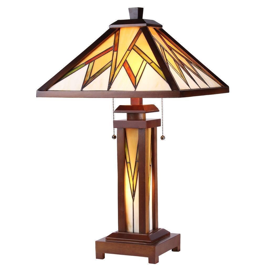 Tiffany Style Mission Design Double Lit Stained Glass Table Lamp Lighted Base
