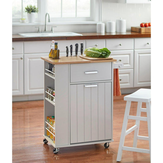 Grey Rolling Kitchen Serving Storage Cart Natural Finish Top