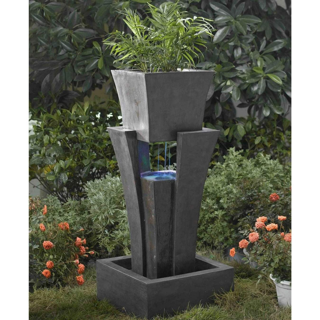 Modern Raining Outdoor Water Fountain With Planter 36inT and LED Lit