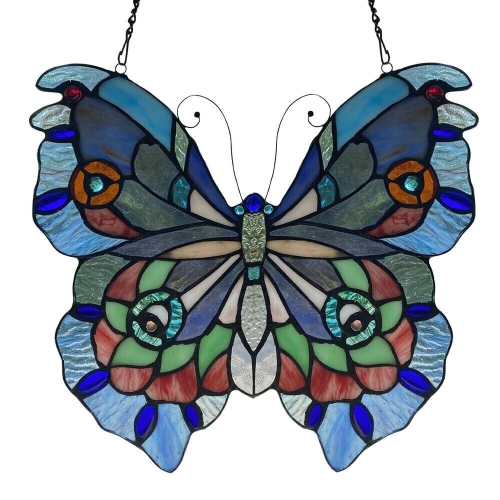 Lovely Butterfly Stained Glass Suncatcher Hanging Window Panel Handmade 12x12in