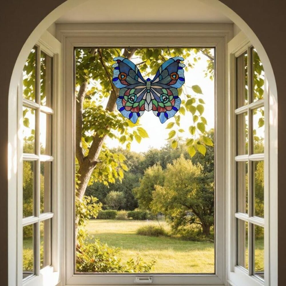 Lovely Butterfly Stained Glass Suncatcher Hanging Window Panel Handmade 12x12in