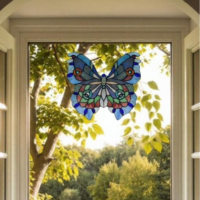 Lovely Butterfly Stained Glass Suncatcher Hanging Window Panel Handmade 12x12in