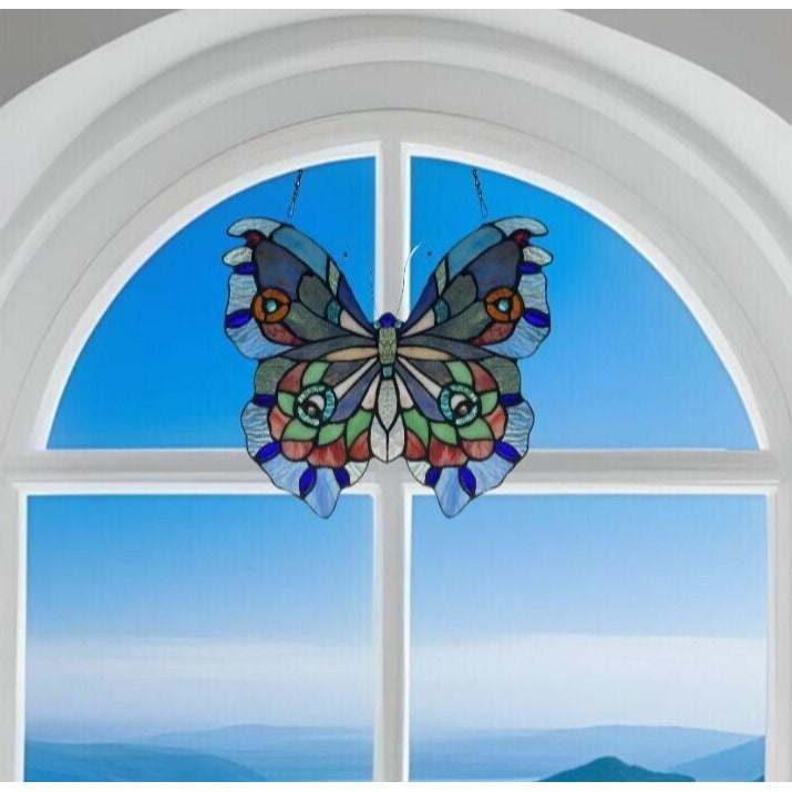 Lovely Butterfly Stained Glass Suncatcher Hanging Window Panel Handmade 12x12in