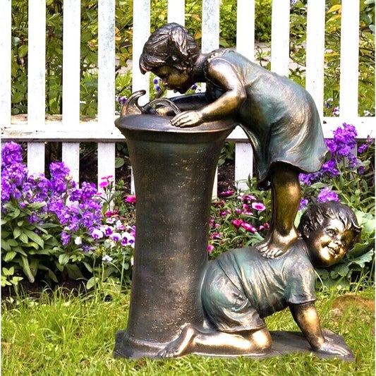 Water Fountain Outdoor Yard Garden - Whimsical Boy and Girl Drinking - LED, 27in