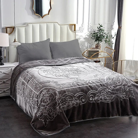 Luxurious Oversized Floral Embossed Bed Blanket/Cover in Light Grey