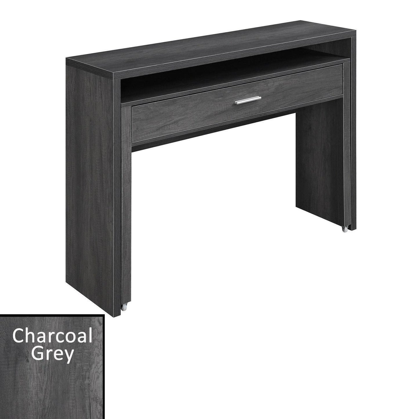 Black Finish Expandable Sliding Desk With Console and Drawer Computer Desk