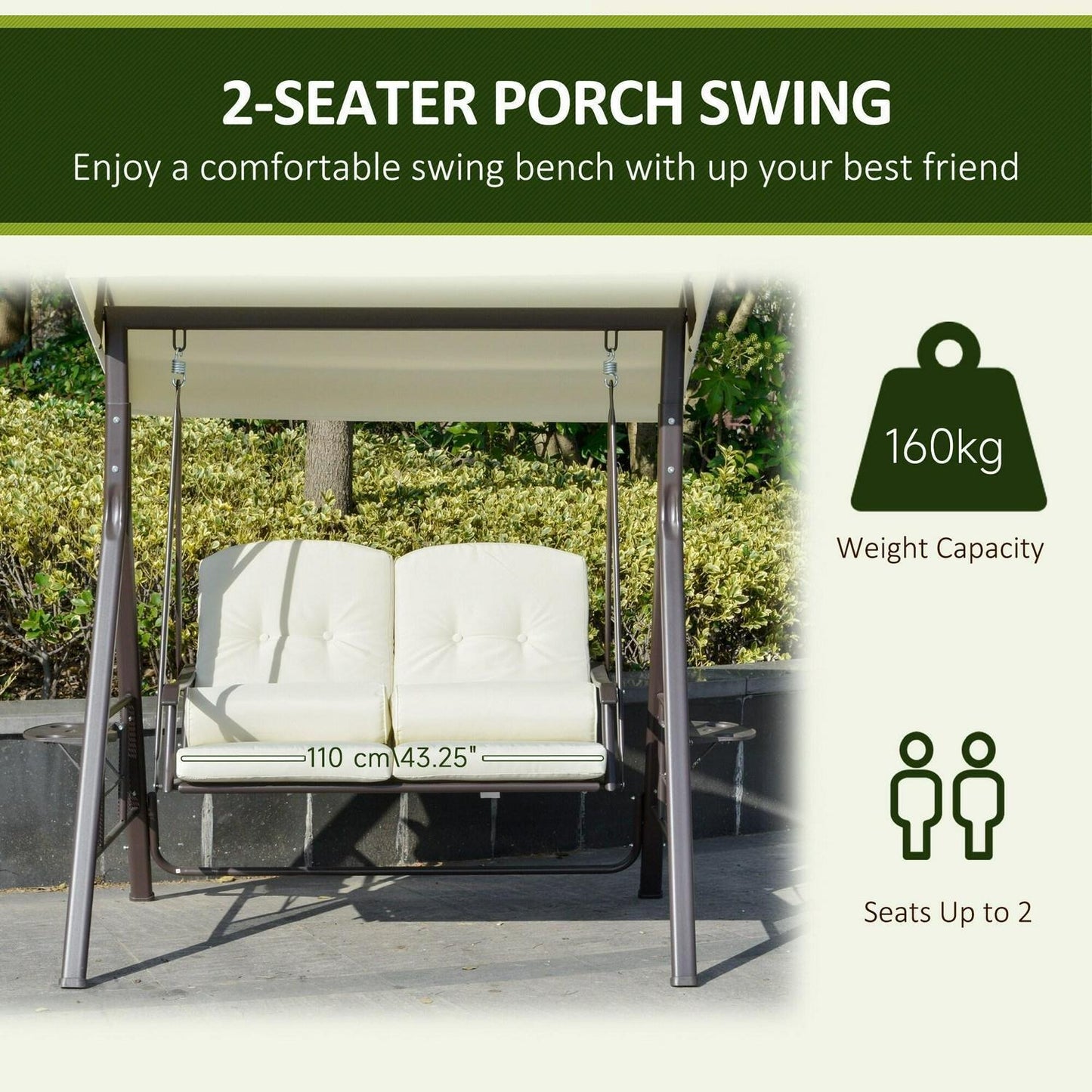 Deluxe 2-Person Patio Porch Swing Chair with Throw Pillows and Canopy in Beige