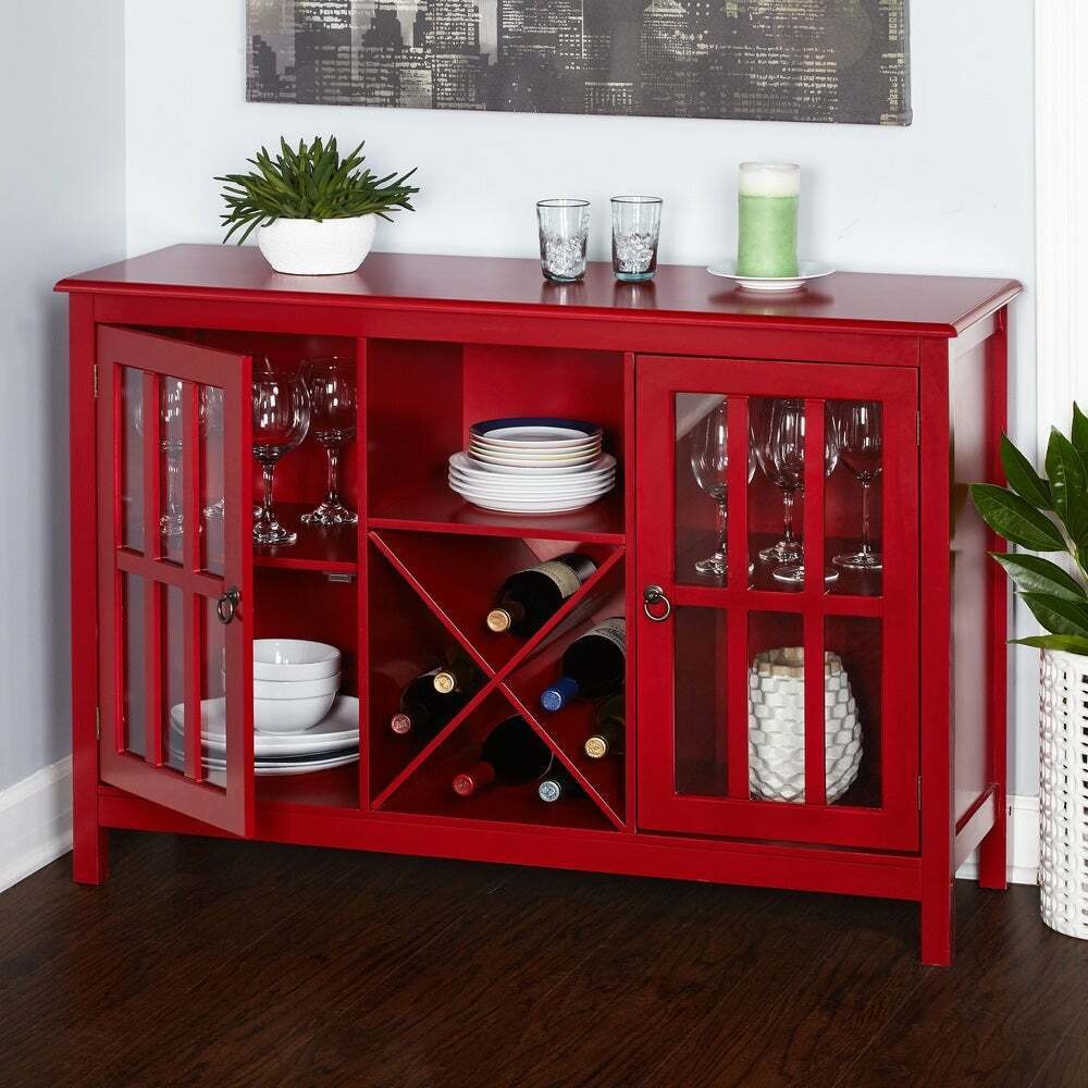 Buffet Cabinet Kitchen Dining Room Sideboard Console with Wine Rack in Red