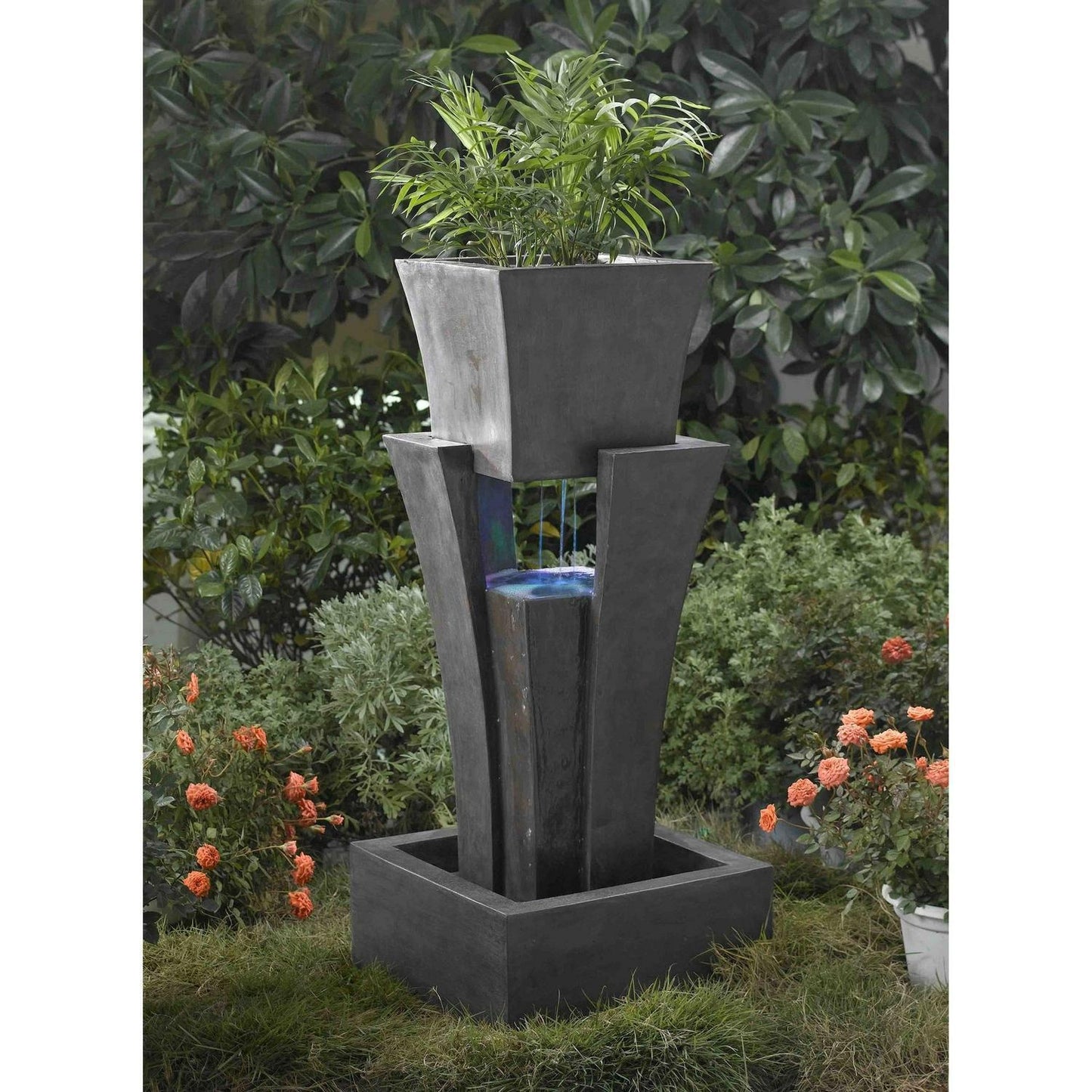 Modern Raining Outdoor Water Fountain With Planter 36inT and LED Lit