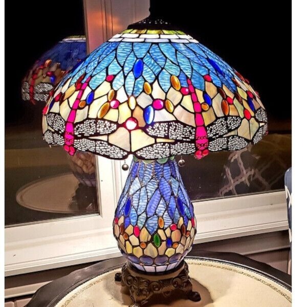 Tiffany Style Dragonfly Victorian Reading Table Lamp Vibrant Blue with Lit Base