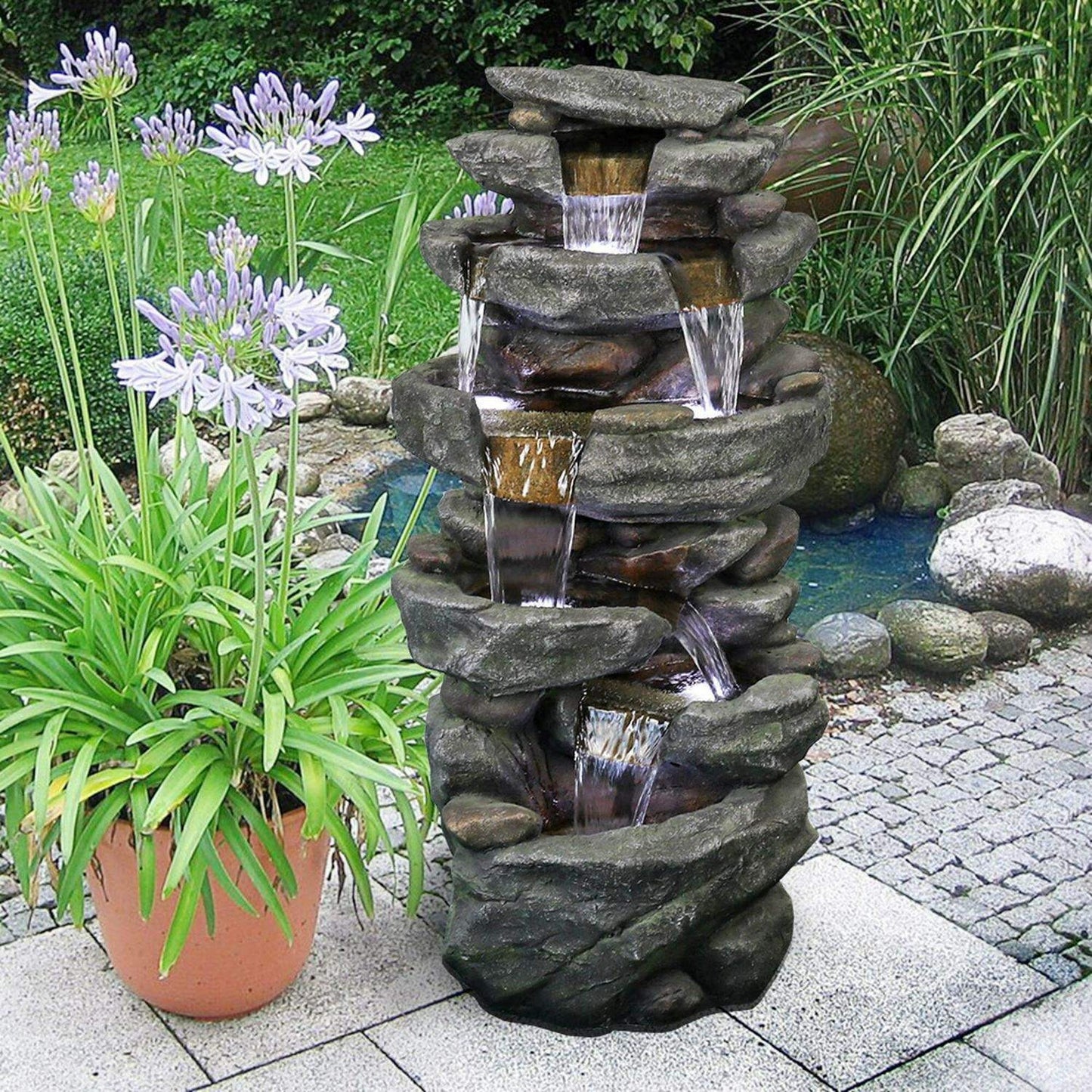 Rock 5-Tier Rock Outdoor Water Fountain: LED Lit, Easy Setup, Durable Polyresin