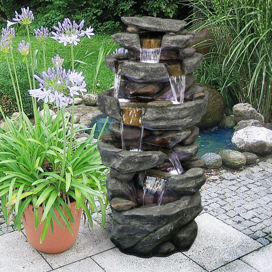 Rock 5-Tier Rock Outdoor Water Fountain: LED Lit, Easy Setup, Durable Polyresin