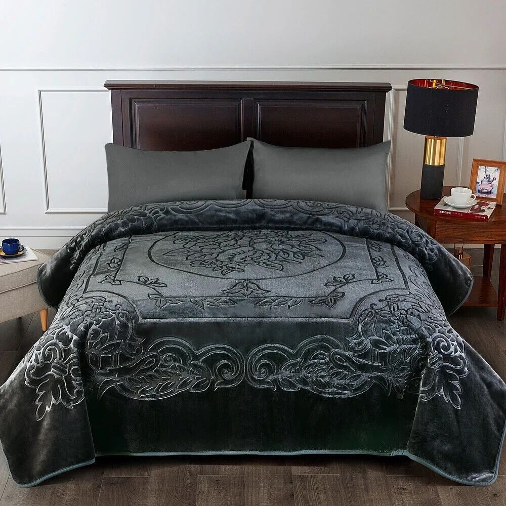 Luxurious Oversized Floral Embossed Bed Blanket/Cover in Dark Grey