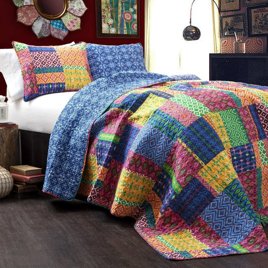 Colorful 3-Pc Quilt Comforter Set,2 Shams, Cotton w Polyester Fill - Full/Queen