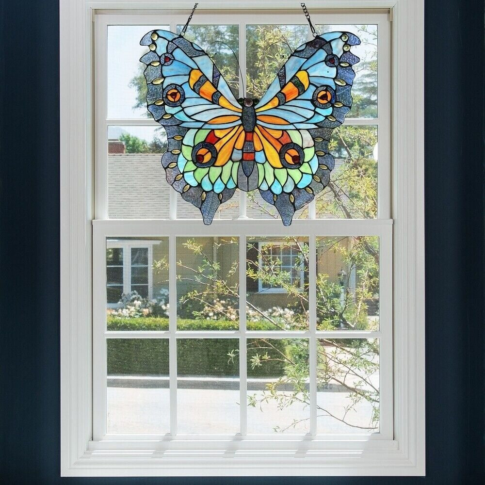 Stained Glass Tiffany Style Butterfly Design Window Panel Suncatcher 21x20in