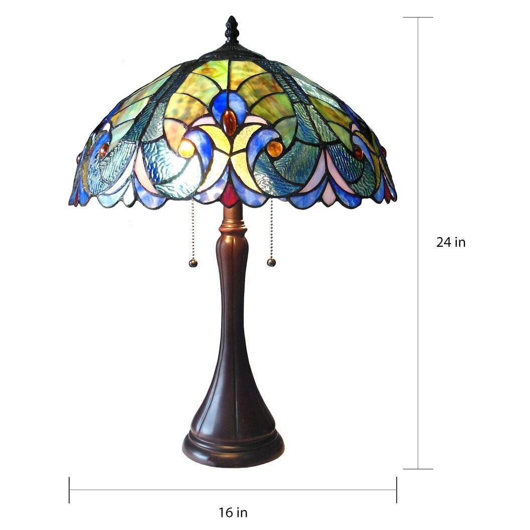 Victorian Design 2-Light Tiffany Style Stained Glass Dark Bronze Blue Table Lamp