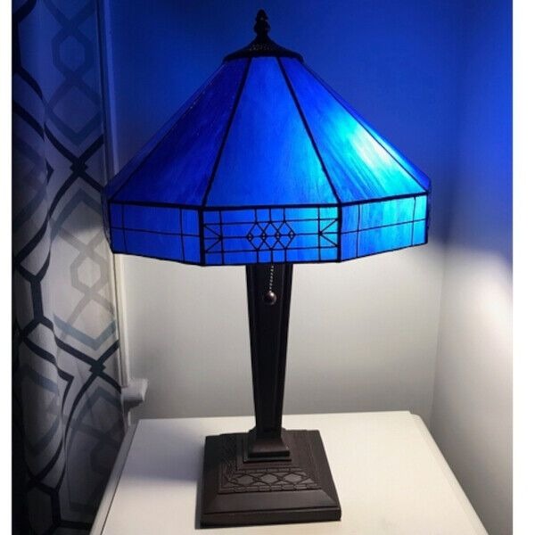 Stained Glass Lamp Tiffany Style 2-Light Royal Blue Table Lamp 14x21in