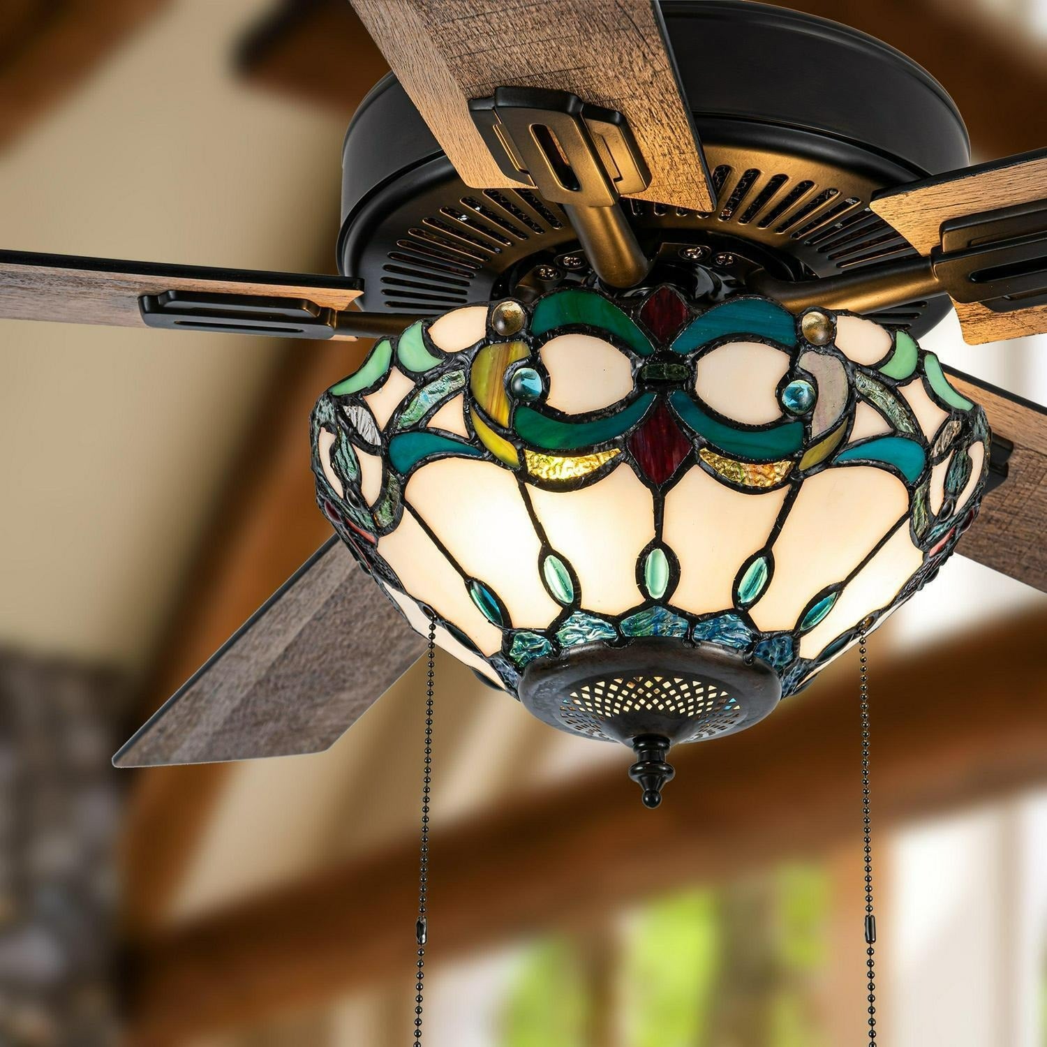 Remote Control Stained Glass Ivory Ceiling Fan 52in 3-Light Oil-Rubbed ...