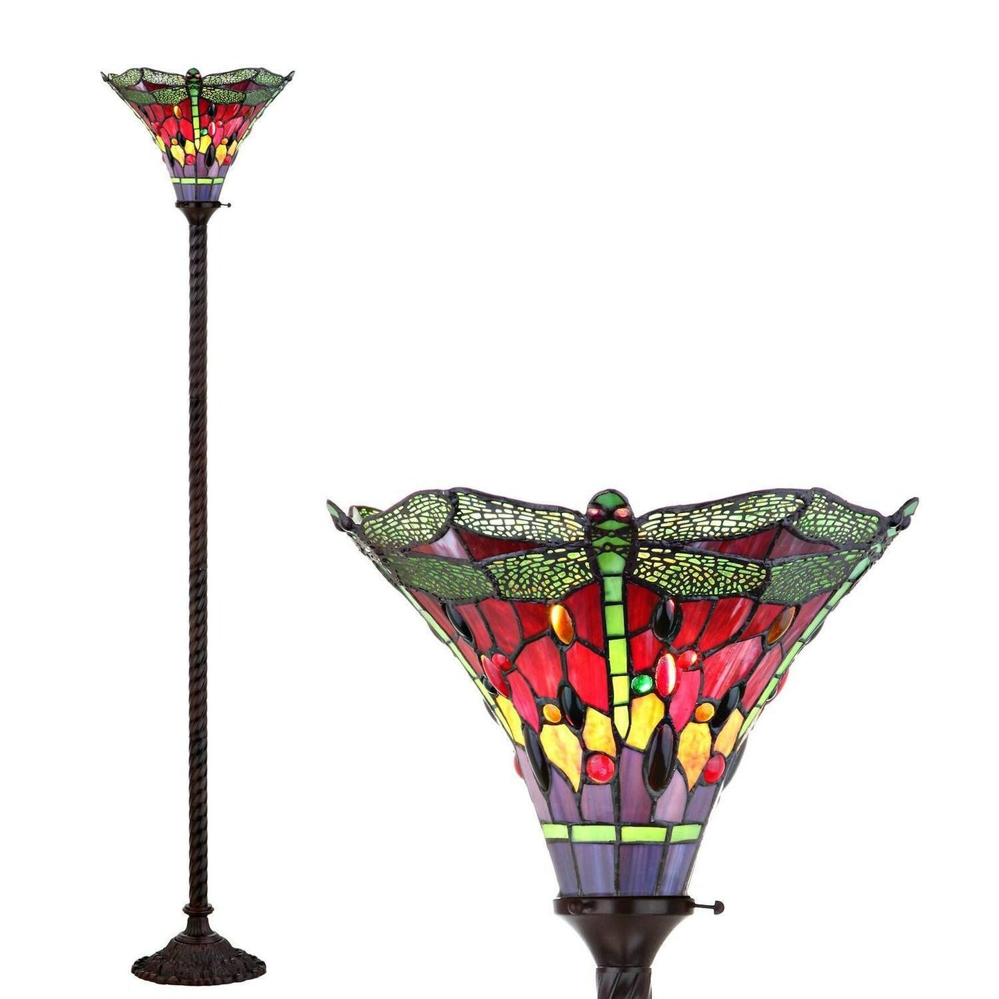 Tiffany Style Multicolr Stained Glass Traditional Dragonfly Torchiere Floor Lamp