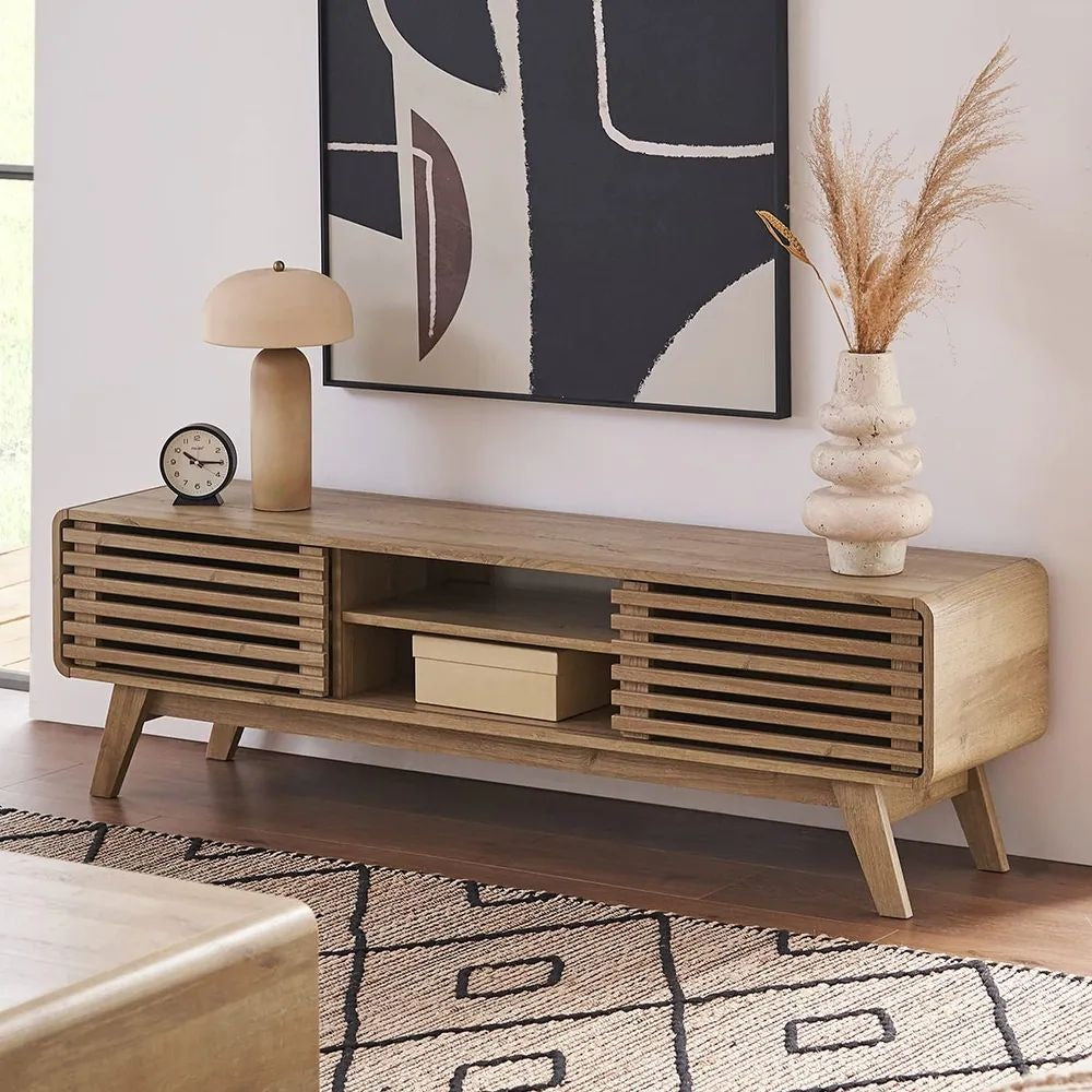 59in Oak Finished TV Stand with Slatted Doors Mid Century Modern