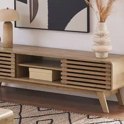 59in Oak Finished TV Stand with Slatted Doors Mid Century Modern