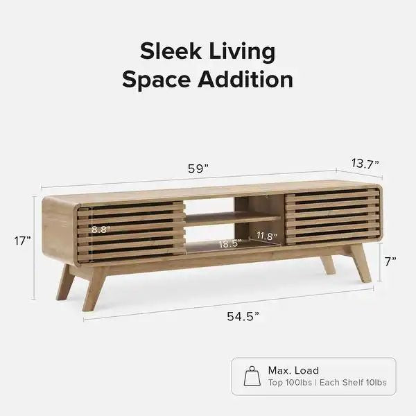 59in Oak Finished TV Stand with Slatted Doors Mid Century Modern