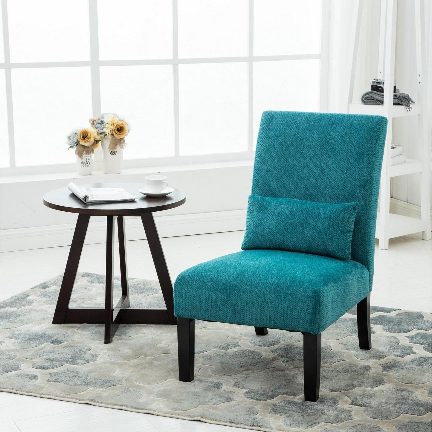 Teal Blue Chenille Fabric Accent Chair w/Matching Pillow - Livingroom, Bedroom