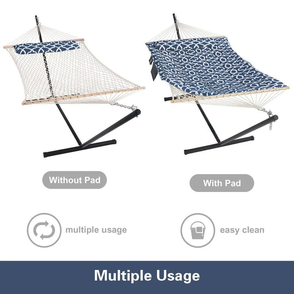 2 Person Hammock With Stand - Cotton Rope, Quilted Blue Patterned w/Pillow