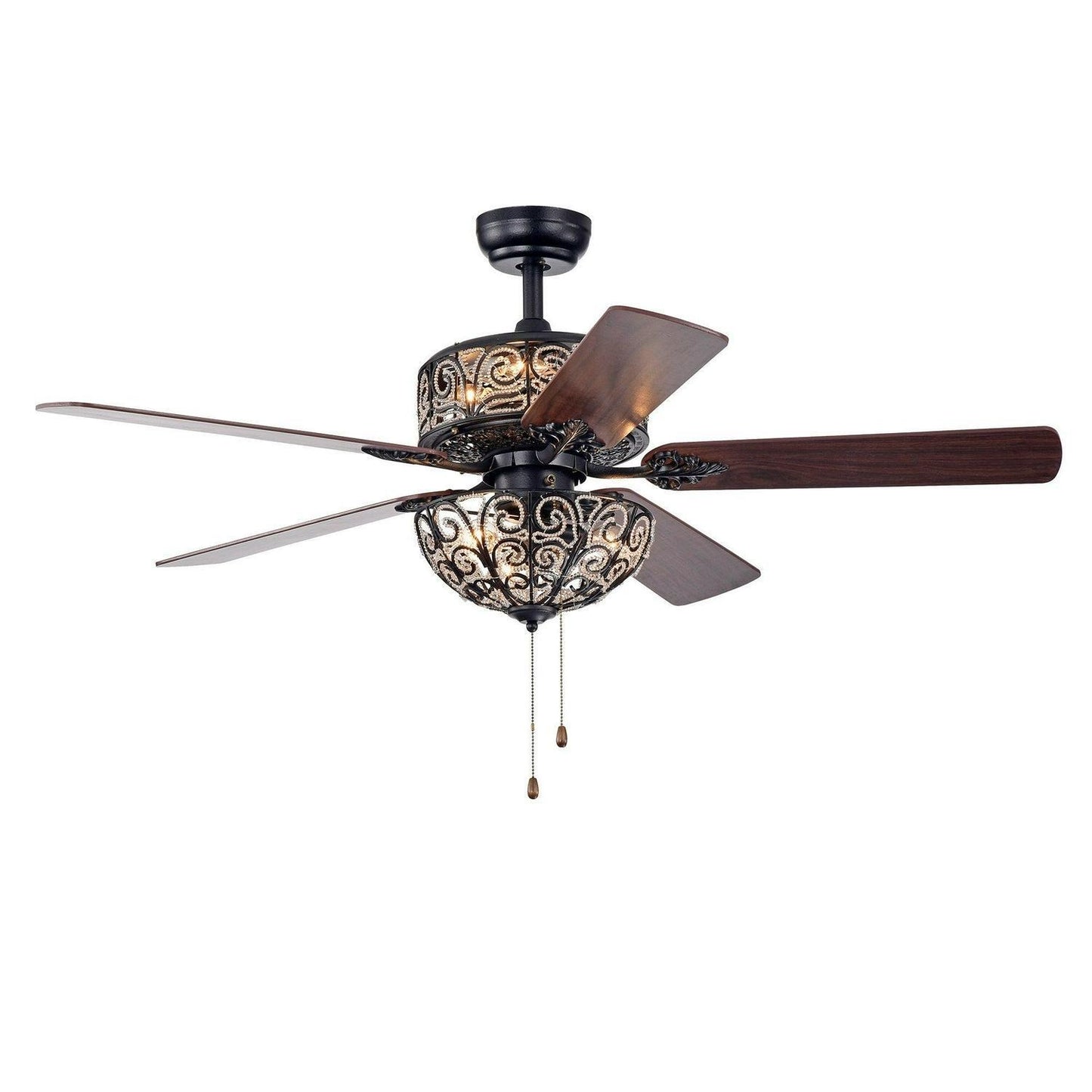 Crystal Lighted Ceiling Fan Chandelier 52in Matt Black Finish - Pull Chain