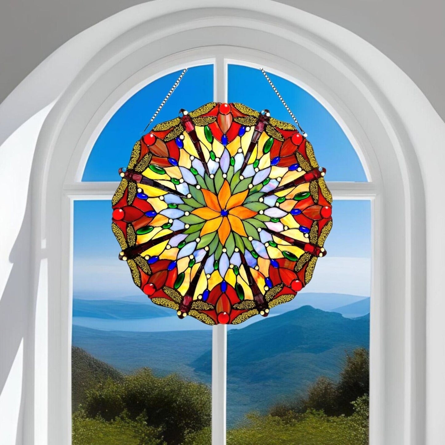 Round 24in Tiffany Style Dragonfly Stained Glass Window Panel Suncatcher