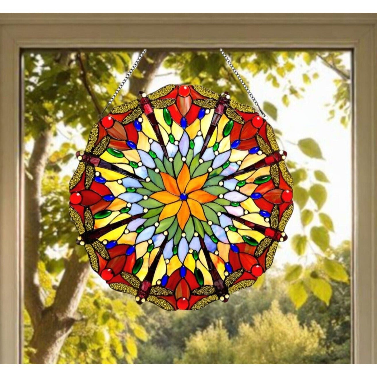 Round 24in Tiffany Style Dragonfly Stained Glass Window Panel Suncatcher