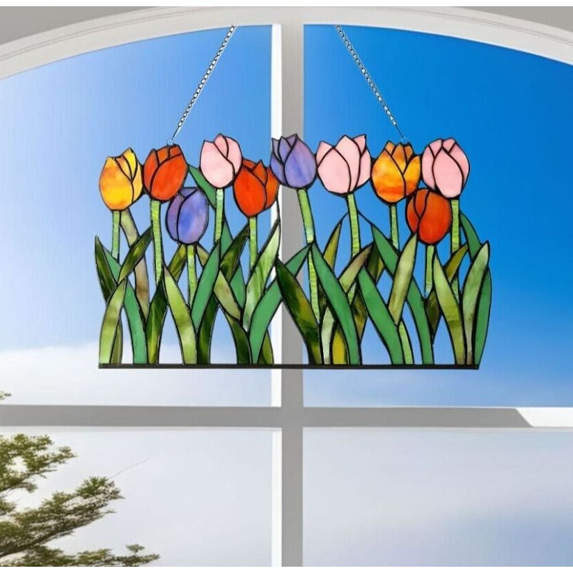 Tiffany Style Tulip Theme Stained Glass Window Panel Suncatcher 18x11in