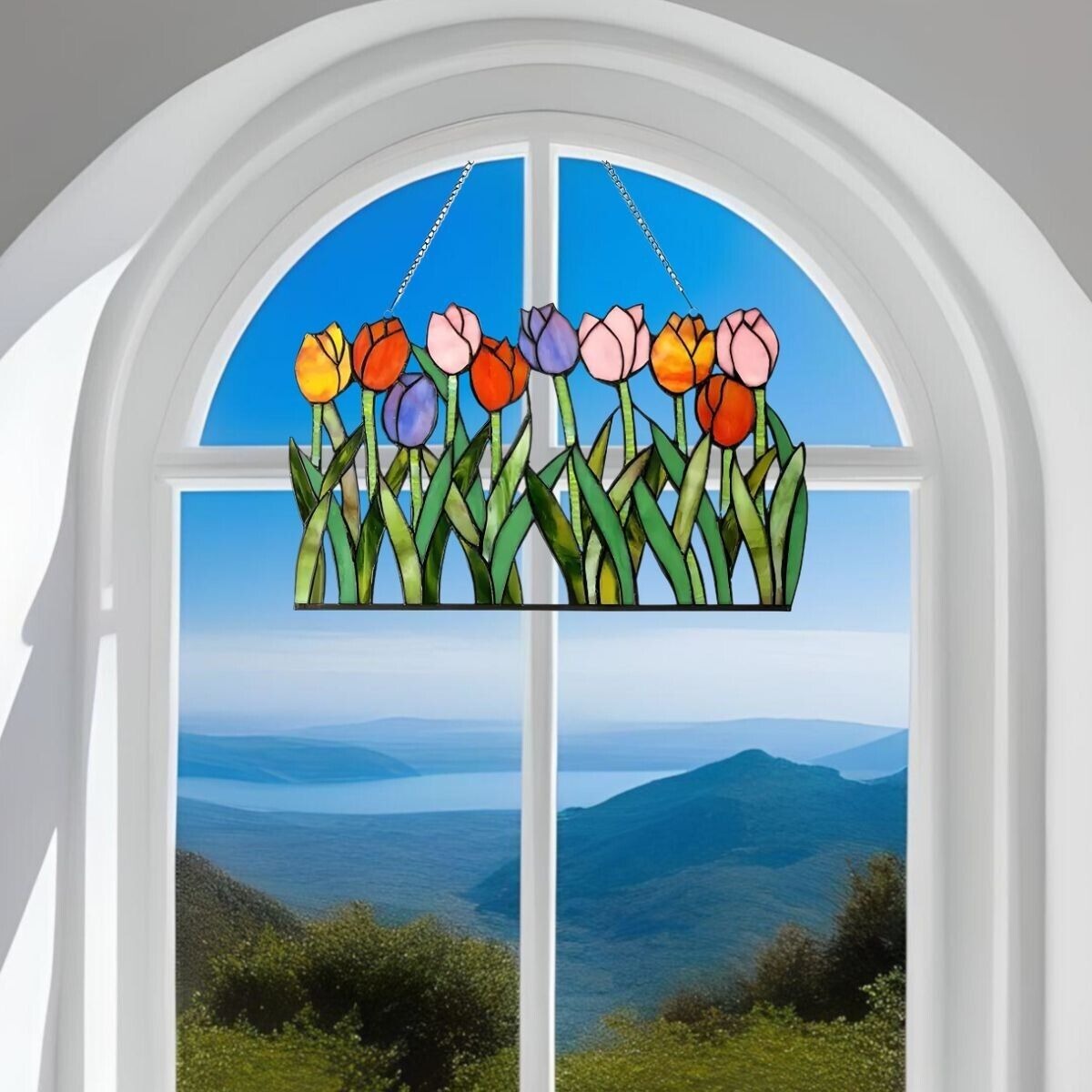 Tiffany Style Tulip Theme Stained Glass Window Panel Suncatcher 18x11in