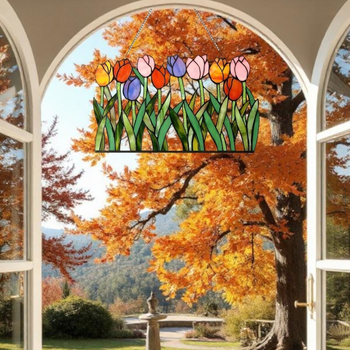 Tiffany Style Tulip Theme Stained Glass Window Panel Suncatcher 18x11in